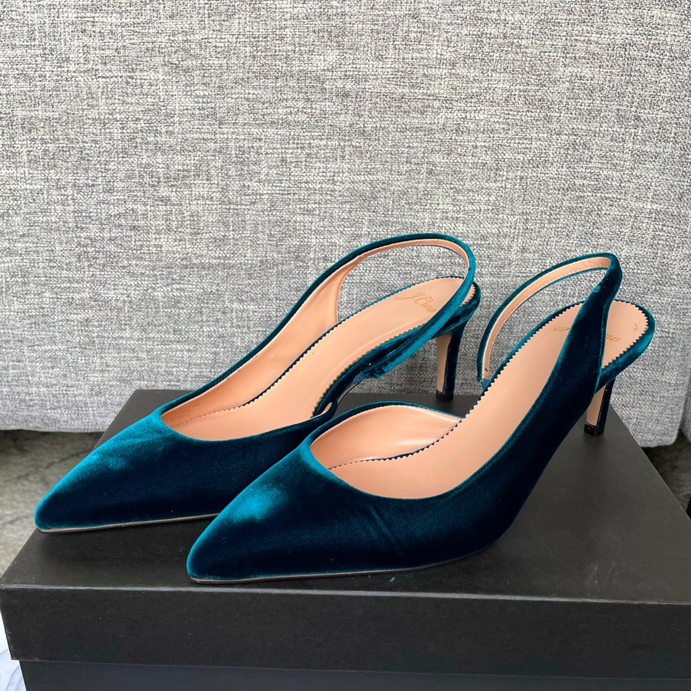 J crew Sling back blue/ green velvet low heels